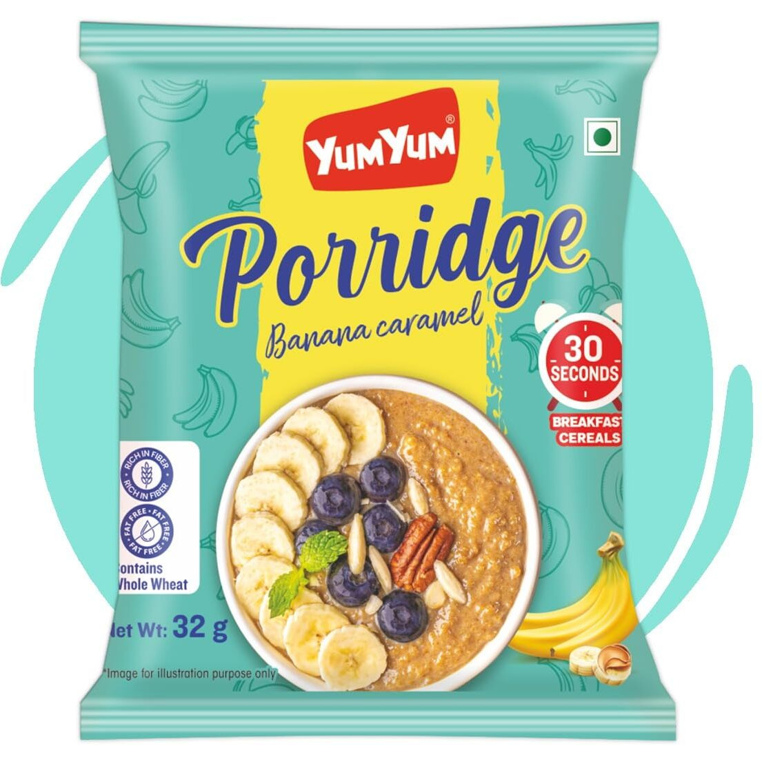 YUM YUM Instant Banana-Caramel Porridge 192g / Rich in Fiber/Fat Free/Breakfast Cereals for Adults & Kids (Pack of 6-32g Each Sachets)