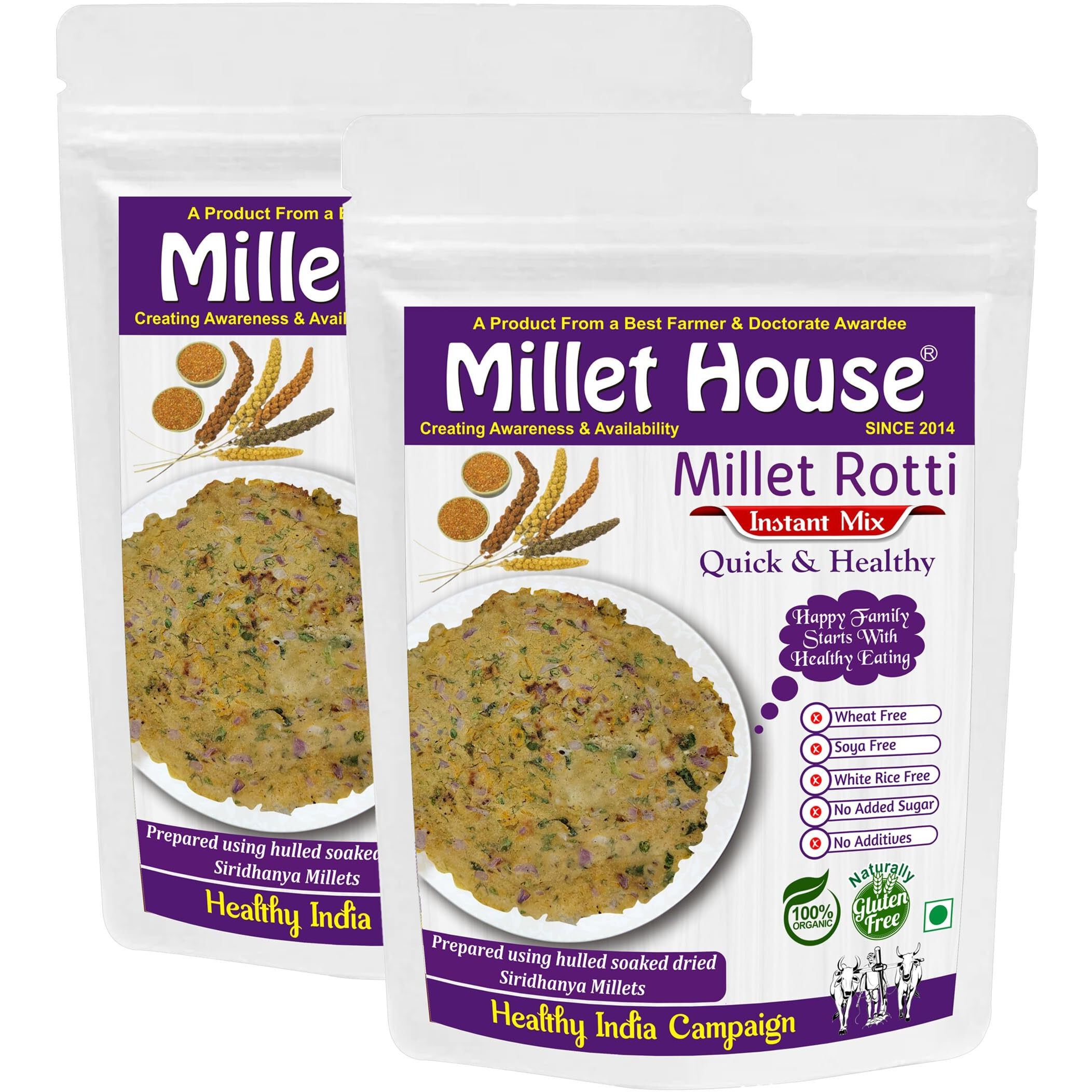 Millet House Instant Millets Rotti Mix | 100% Organic Natural Healthy Siridhanya Millets Rotti Instant Mix | Ready To Use | Soaked | Multigrain Atta | Millet Roti Atta (800 Gram) (400G X 2Packs)
