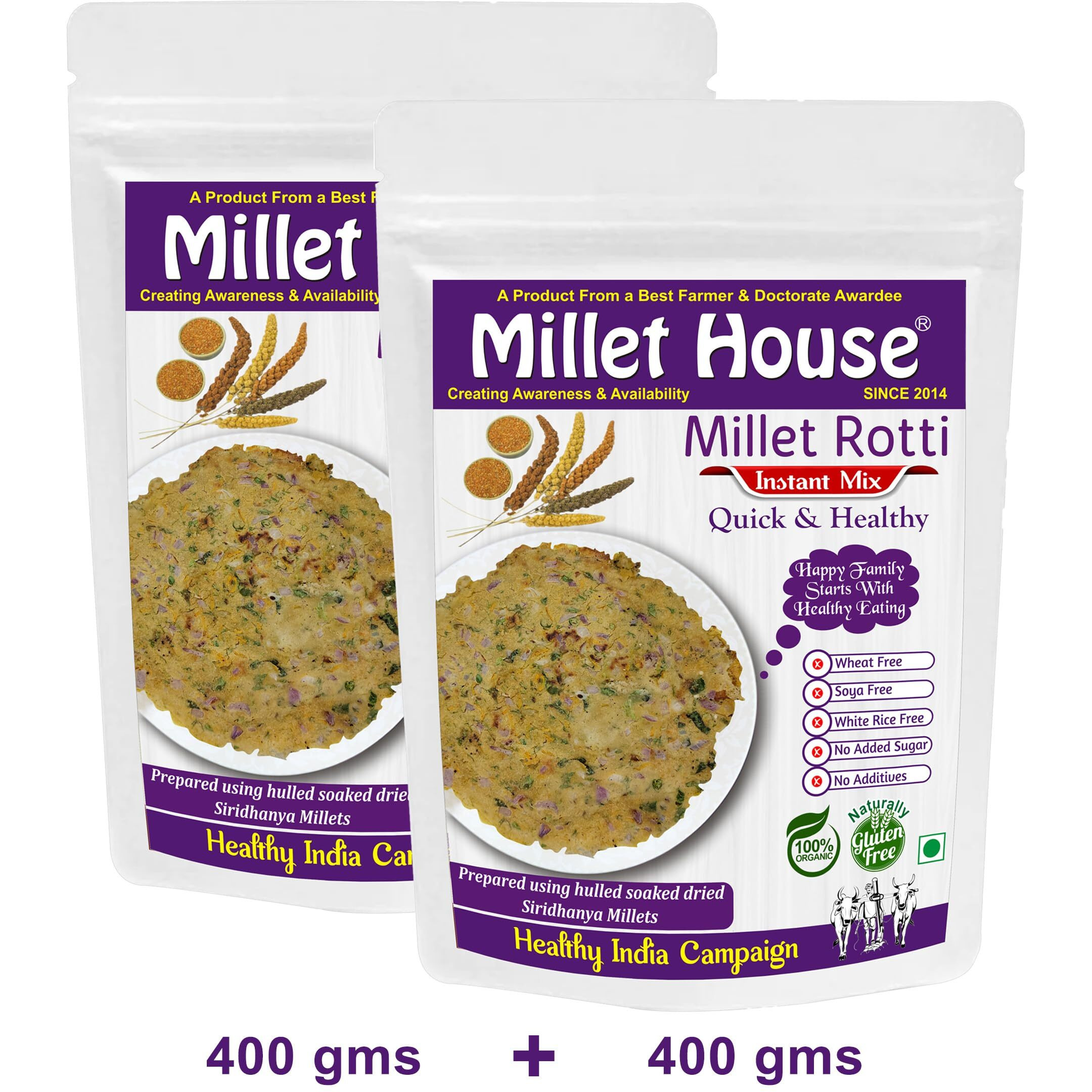 Millet House Instant Millets Rotti Mix | 100% Organic Natural Healthy Siridhanya Millets Rotti Instant Mix | Ready To Use | Soaked | Multigrain Atta | Millet Roti Atta (800 Gram) (400G X 2Packs)