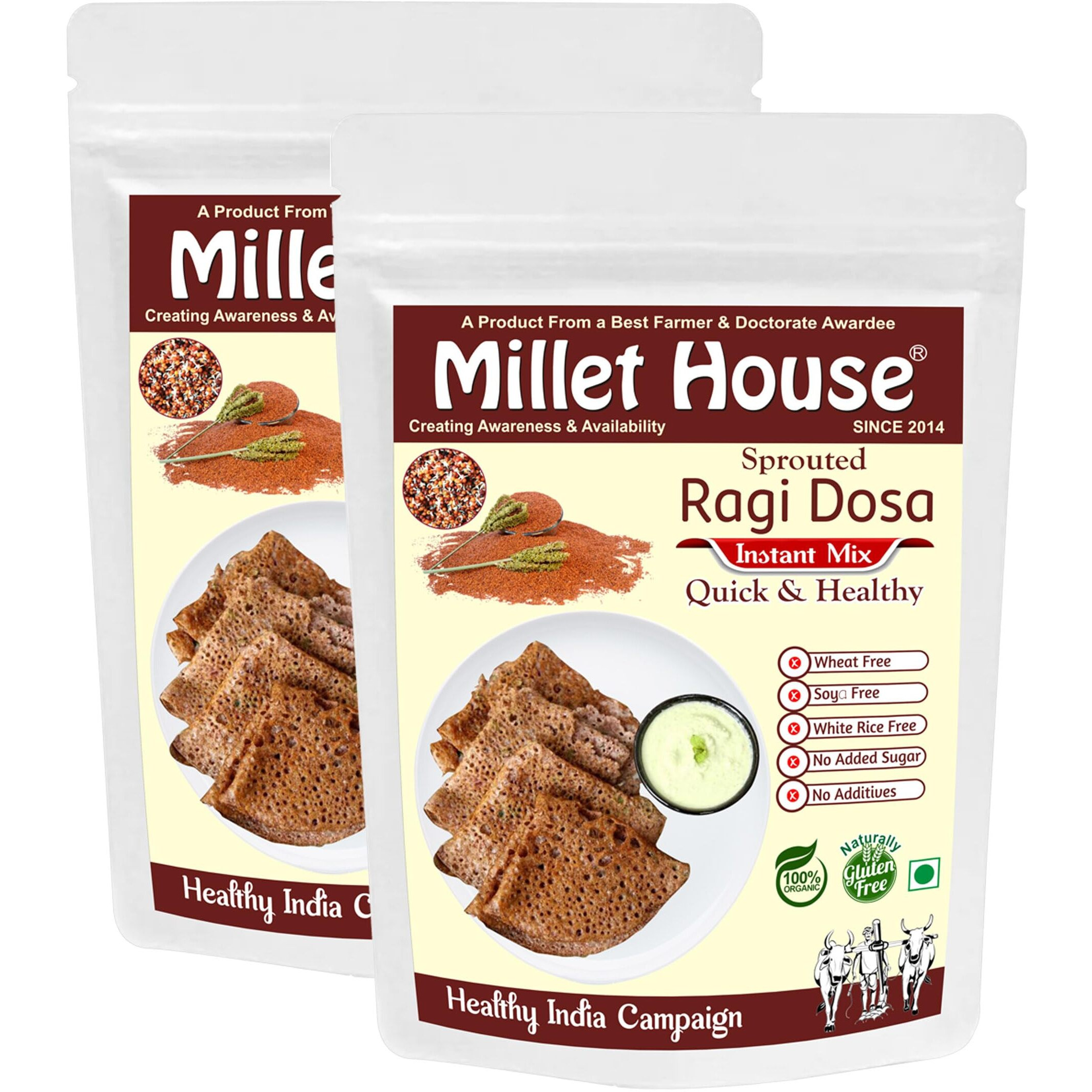 Millet House Instant Ragi Dosa Mix | 100% Organic Natural Healthy Sprouted Ragi Dosa Mix | Certified Ready to Use Ragi Dose Mixing | Instant Ragi Dosa Mix (800g) (400g x 2packs)