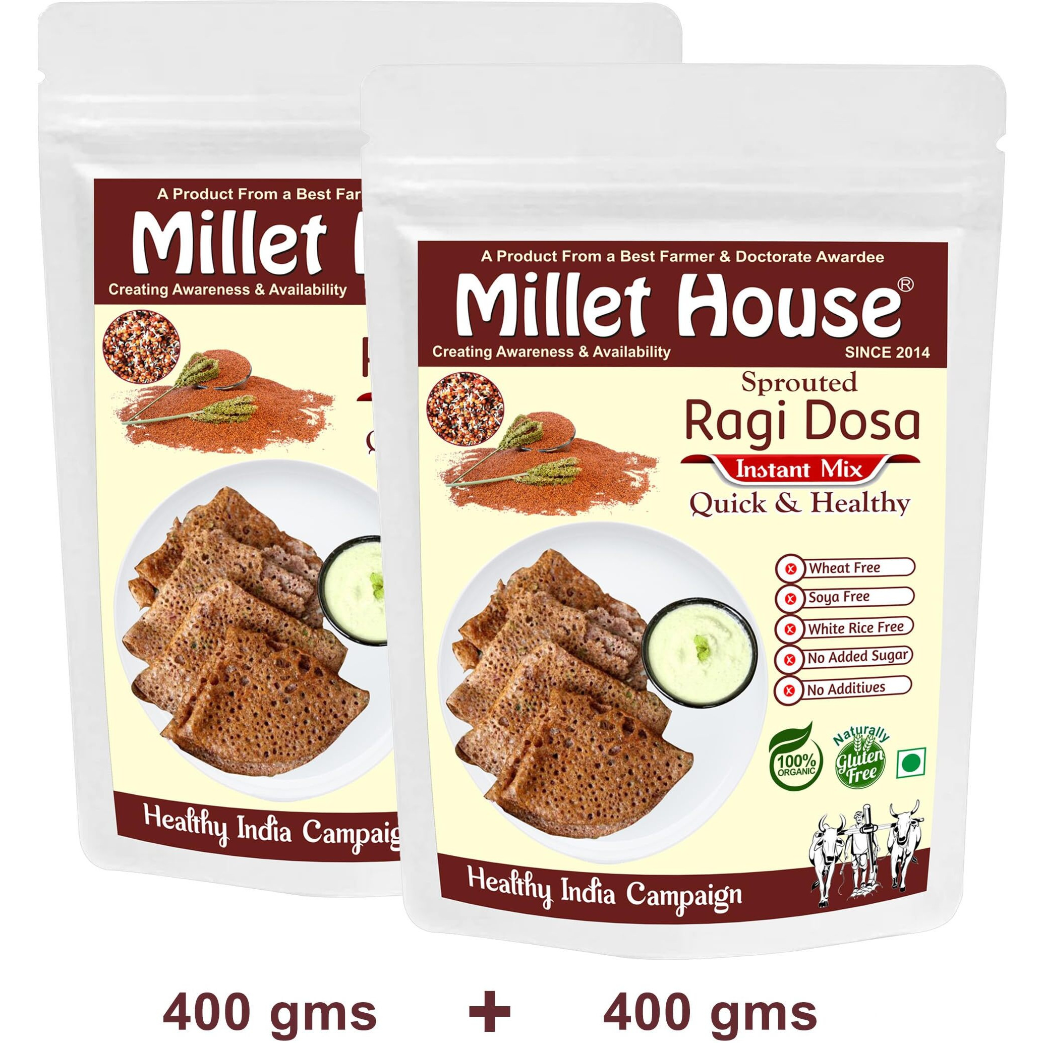 Millet House Instant Ragi Dosa Mix | 100% Organic Natural Healthy Sprouted Ragi Dosa Mix | Certified Ready to Use Ragi Dose Mixing | Instant Ragi Dosa Mix (800g) (400g x 2packs)