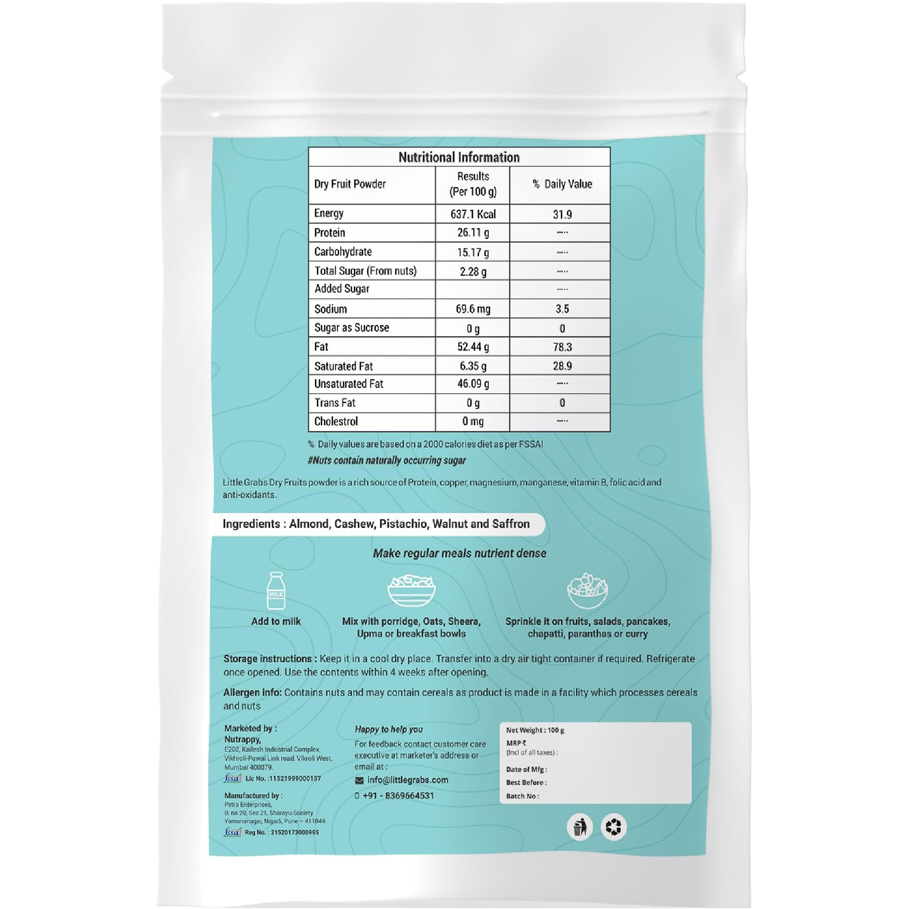 Little Grabs Mix Nuts Dry Fruits Powder - 100 Gm | Healthy & Nutrient Booster made of 5-Superfoods Almonds, Pista, Walnut, Cashew, Saffron | For Weight Gain | 100% Natural | No Sugar | No Preservatives