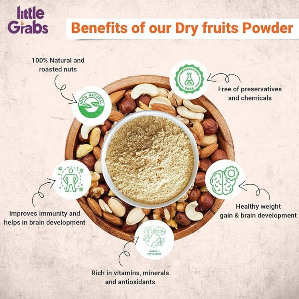 Little Grabs Mix Nuts Dry Fruits Powder - 100 Gm | Healthy & Nutrient Booster made of 5-Superfoods Almonds, Pista, Walnut, Cashew, Saffron | For Weight Gain | 100% Natural | No Sugar | No Preservatives