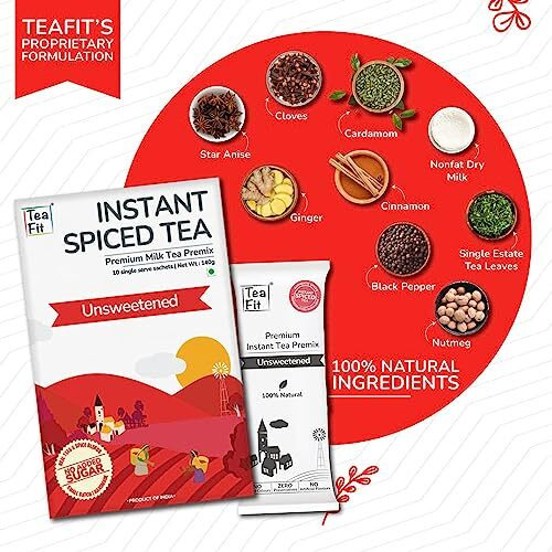 TeaFit Premium Zero Sugar Instant Masala Tea Pack of 10 Sachets (140gm) | Masala Tea Premix | Diabetic Friendly | Instant Milk Tea Premix | Ready to Drink | Instant Tea Premix | Tea Powder