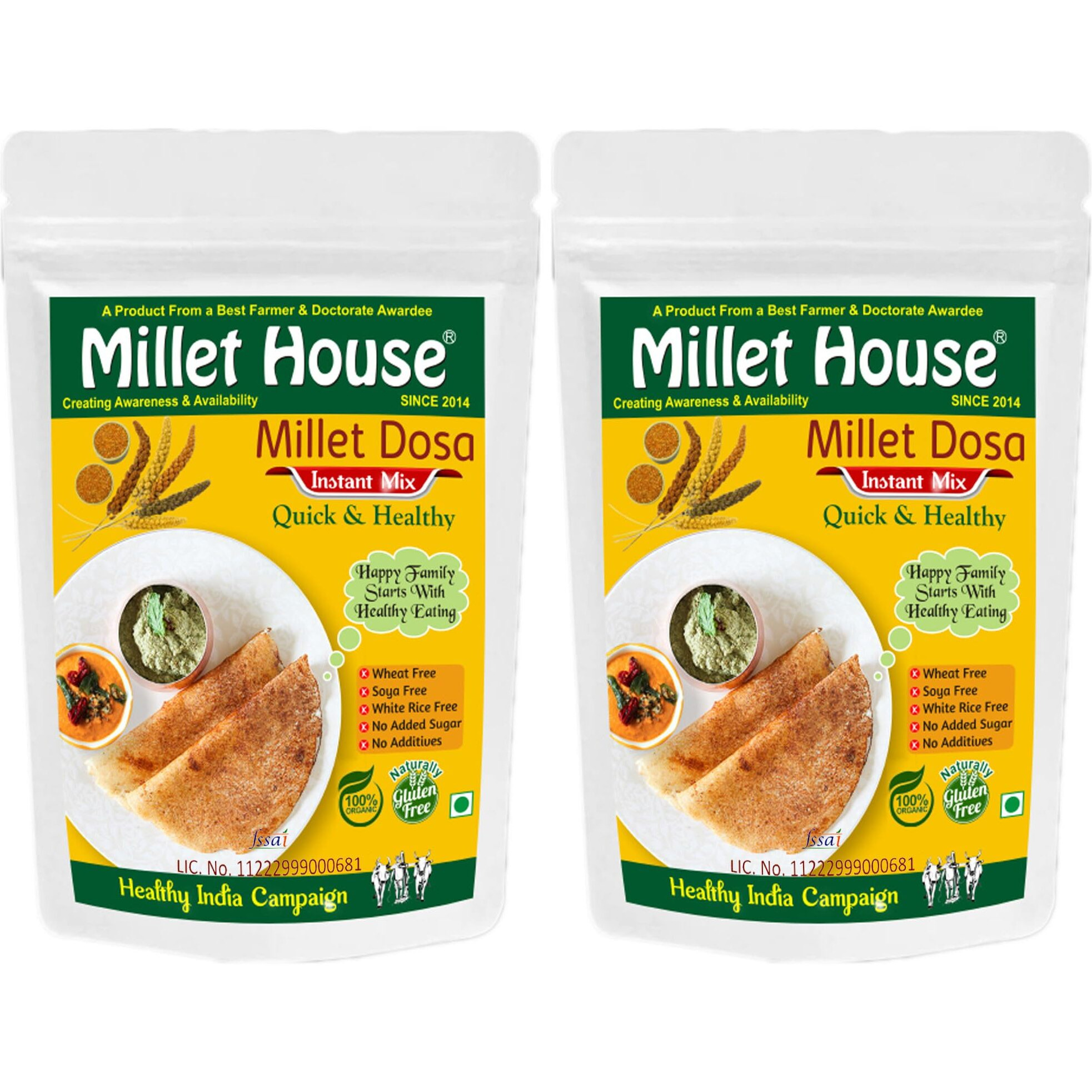 Millet House Instant Millets Dosa Mix | 100% Organic Natural Healthy Siridhanya Millets Dosa Instant Mix | Certified Ready to Use Millet Dose Mixing | Millet Mix Quick Dosa (800g) (400g x 2packs)