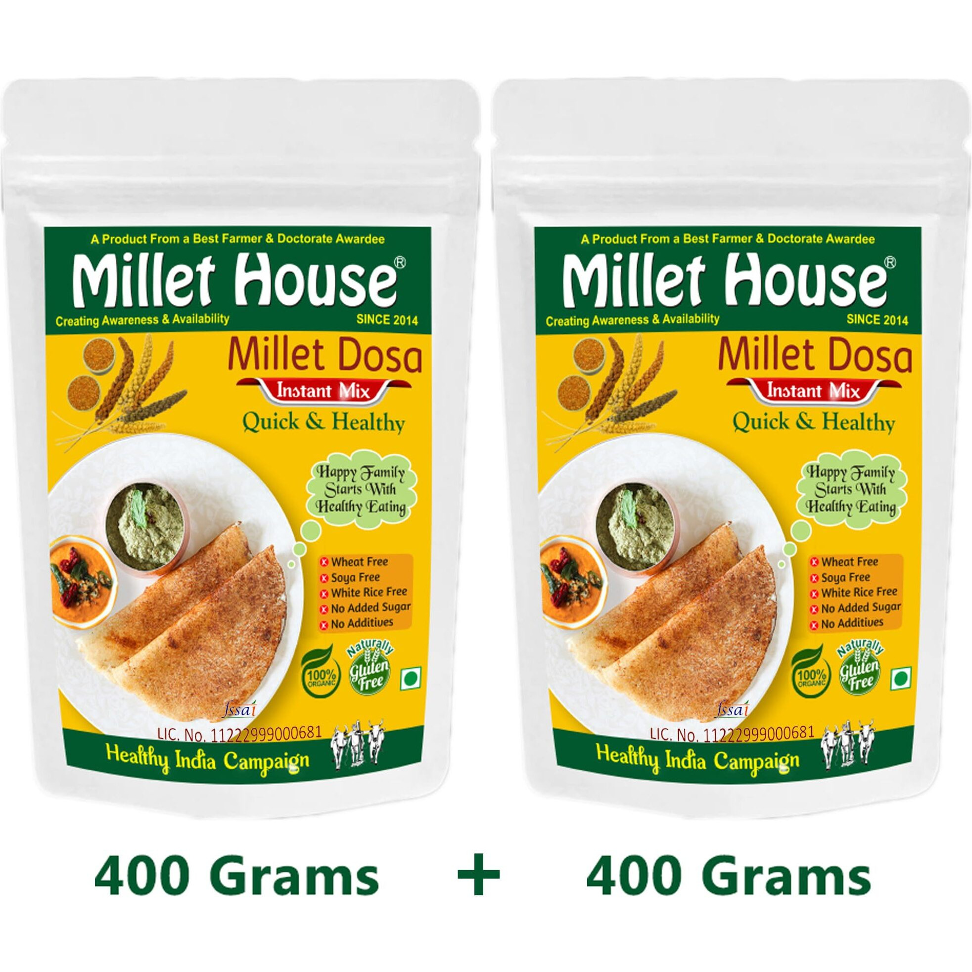 Millet House Instant Millets Dosa Mix | 100% Organic Natural Healthy Siridhanya Millets Dosa Instant Mix | Certified Ready to Use Millet Dose Mixing | Millet Mix Quick Dosa (800g) (400g x 2packs)