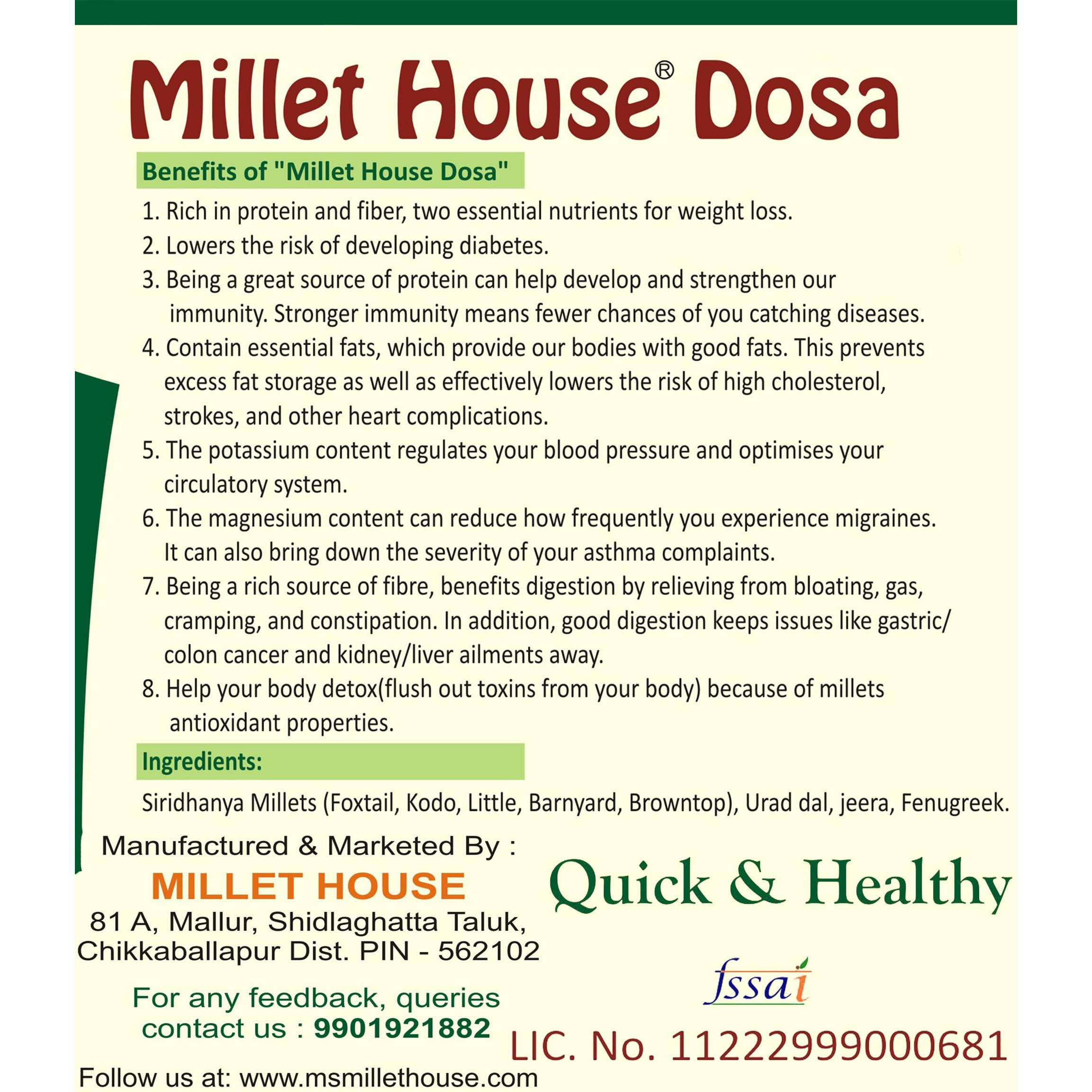 Millet House Instant Millets Dosa Mix | 100% Organic Natural Healthy Siridhanya Millets Dosa Instant Mix | Certified Ready to Use Millet Dose Mixing | Millet Mix Quick Dosa (800g) (400g x 2packs)