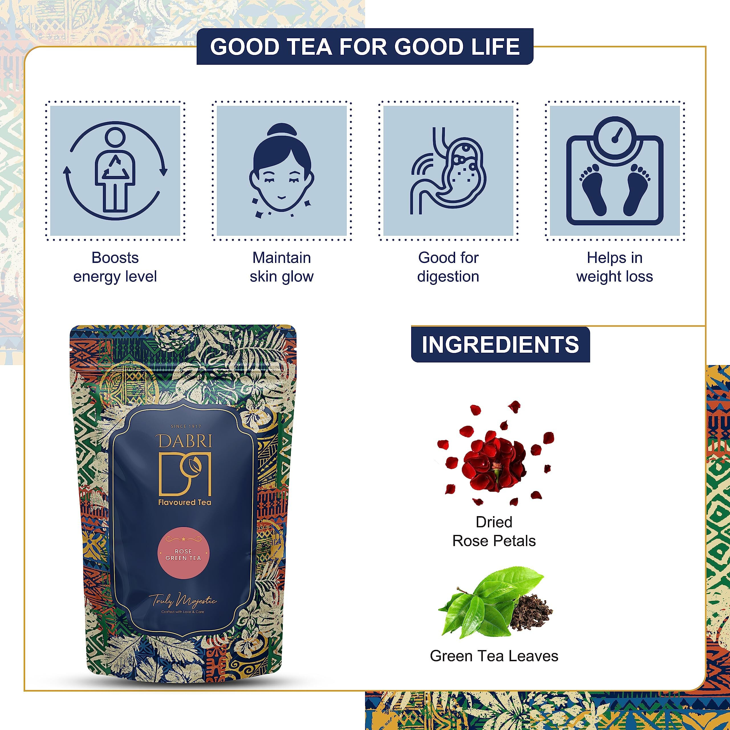 Dabri Rose Green Tea Loose Leaves for Glowing Skin and hair for men, women 100gm | Natural Rose Petals | Helps in relieving stress, control weight (Pouch of 100gm)