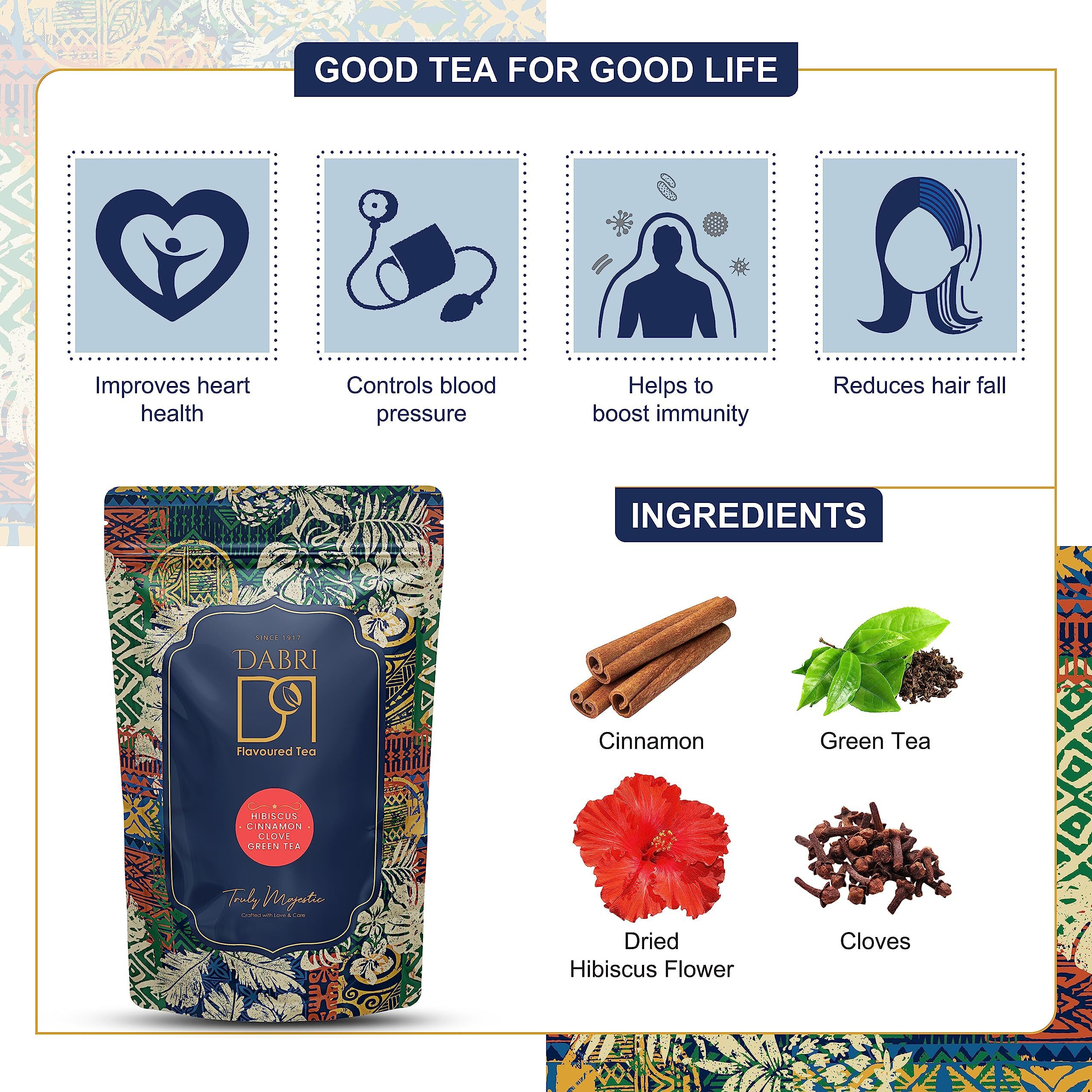 Dabri Hibiscus Cinnamon Clove Loose Leaves Green Tea Blend for Hair Regrowth and Healthy Heart, Made with Whole Green Tea Leaf and natural flavours (Pouch of 100gm)