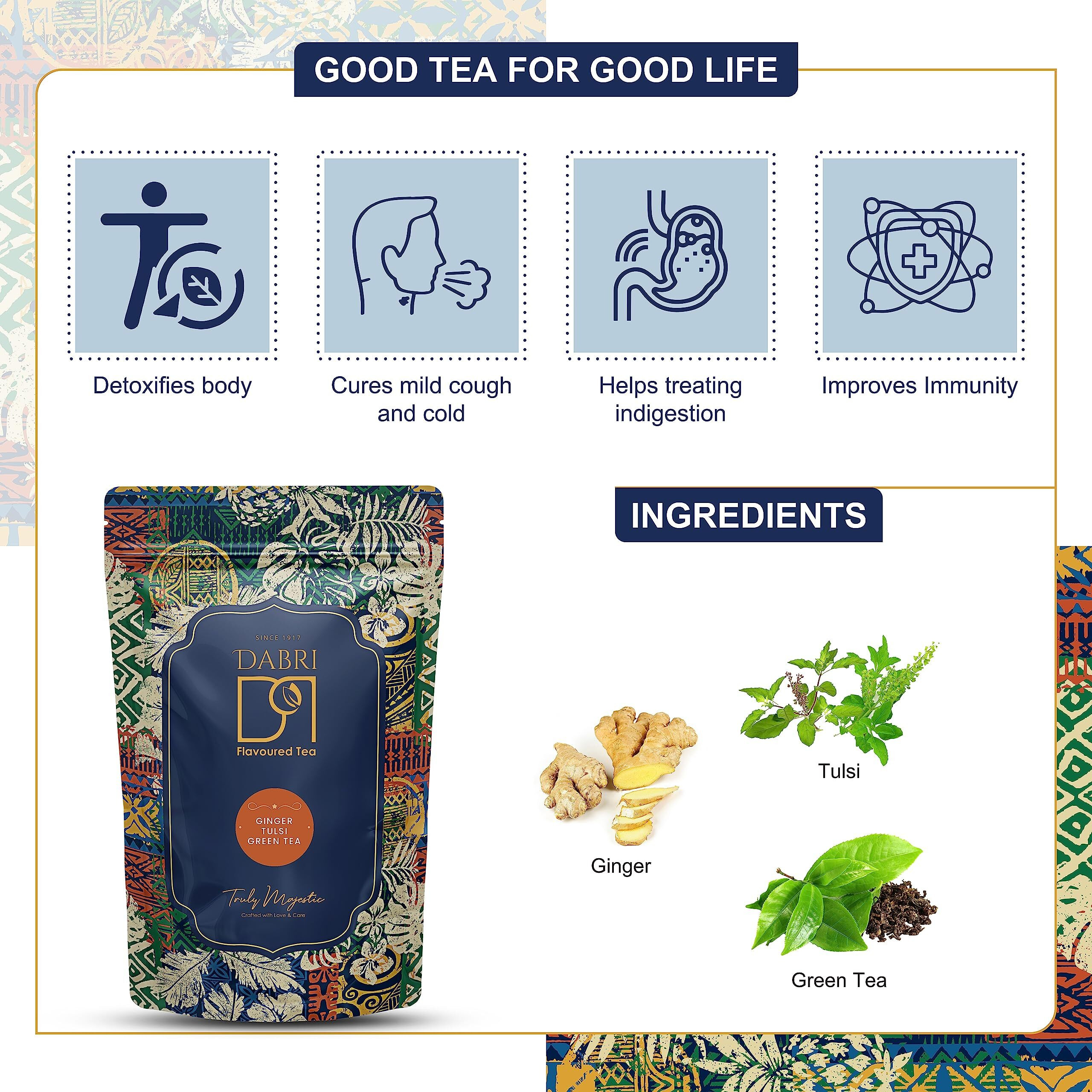 Dabri Ginger Tulsi Green Tea loose leave, Natural Ingredients (Pouch of 100gm)