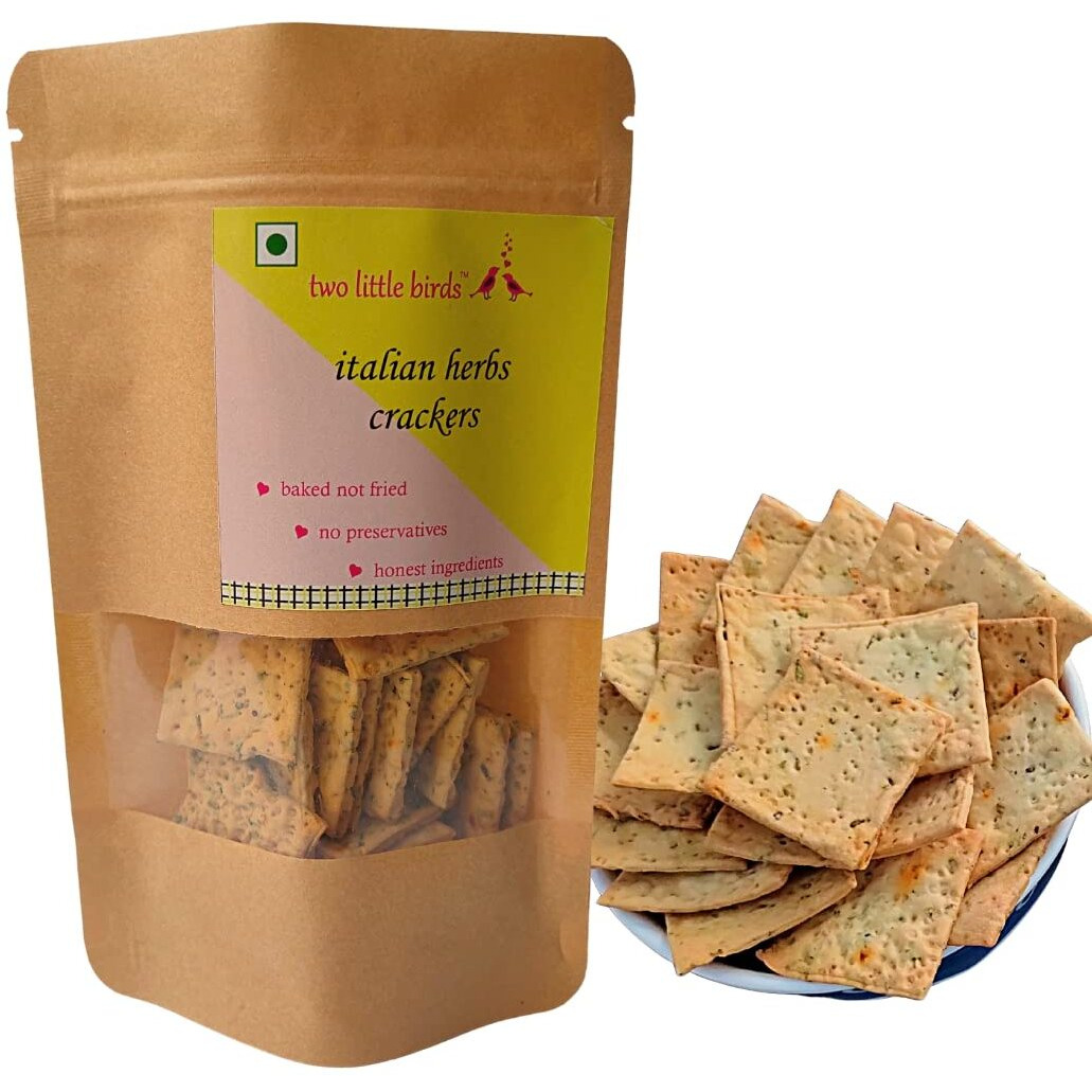 two little birds Italian Herb Crackers - Made with In House Italian Spice Mix| Baked Not Fried, Eggless, Handmade, Freshly Baked Snacks Chips| No Added Preservatives or Palm Oil| 120Grams (Pack of 2)