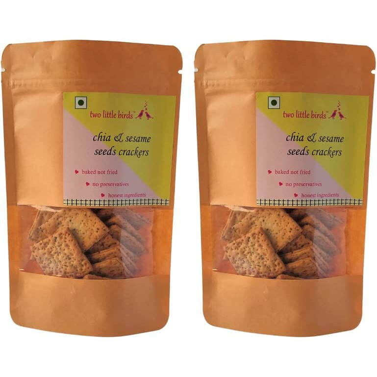 two little birds Chia & Sesame Seeds Crackers - Enriched with 2 Super Seeds| Baked Not Fried| Eggless, Handmade, Freshly Baked Snacks Chips| No Added Preservatives or Palm Oil| 120Grams (Pack of 2)
