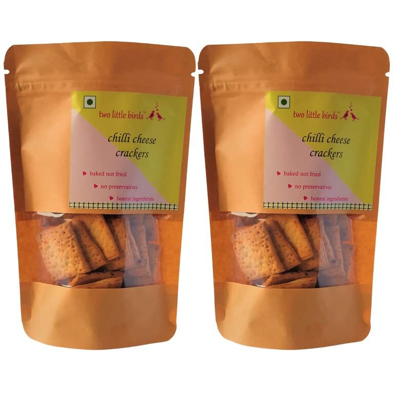 two little birds Chilli Cheese Crackers - Made with Kashmiri Chilli | Baked Not Fried | Eggless, Handmade, Freshly Baked Snacks Chips | No Added Preservatives or Palm Oil | 120 Grams (Pack of 2)