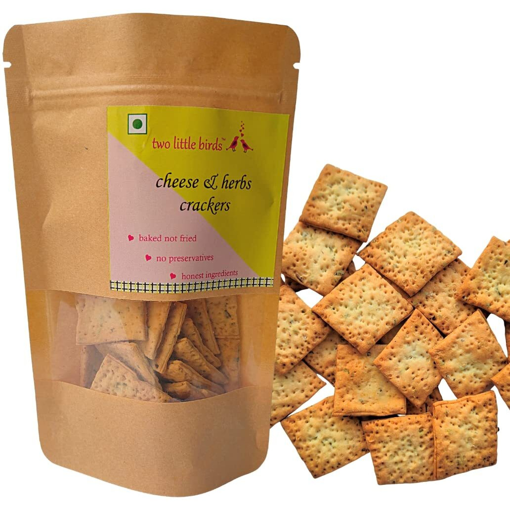 two little birds Cheese & Herbs Crackers - Italian Herbs and Cheese Flavoured| Baked Not Fried| Eggless, Handmade, Freshly Baked Snacks Chips| No Added Preservatives or Palm Oil| 120Grams (Pack of 2)