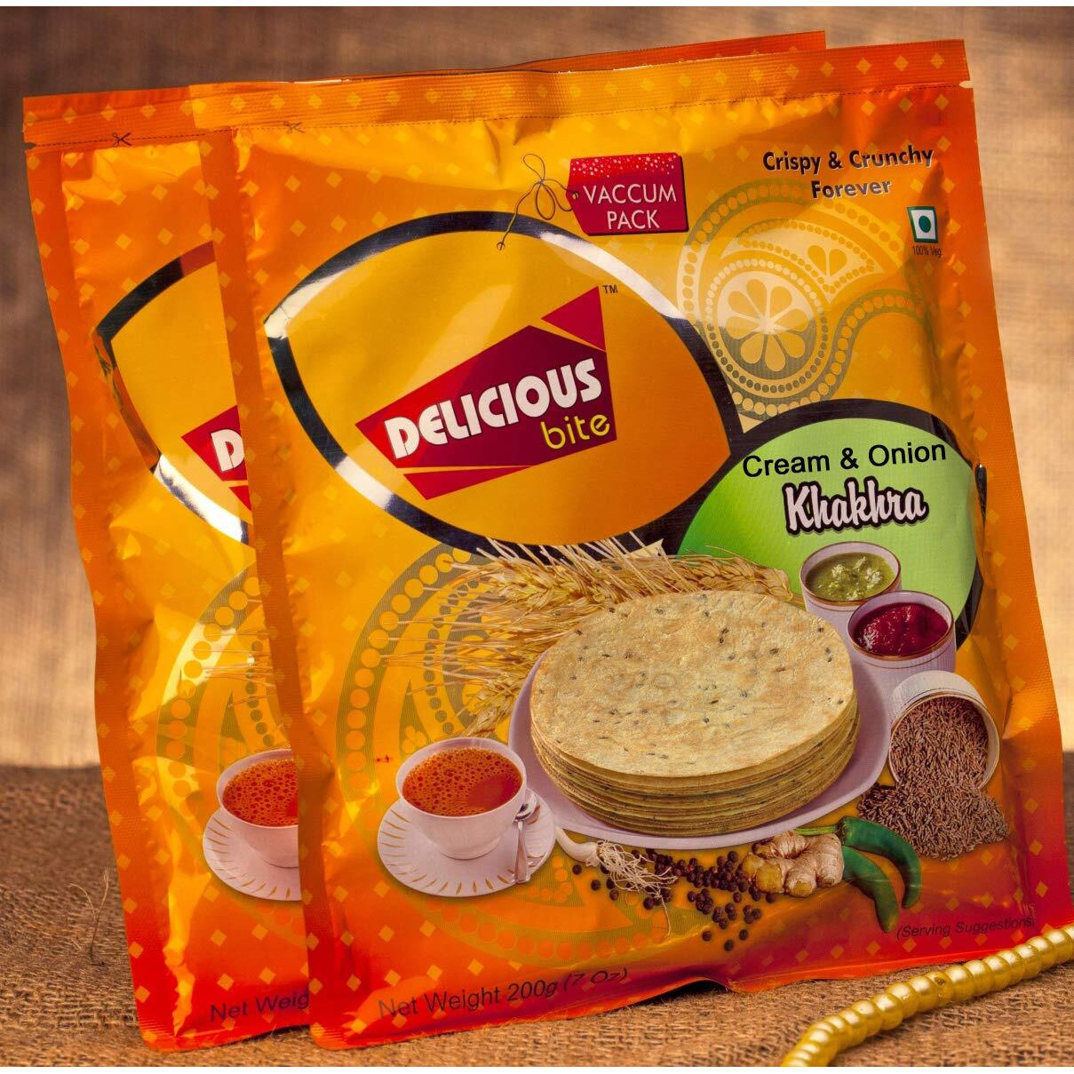 Delicious Bite Cream & Onion Khakhra (4 Packs of 200gm Each)