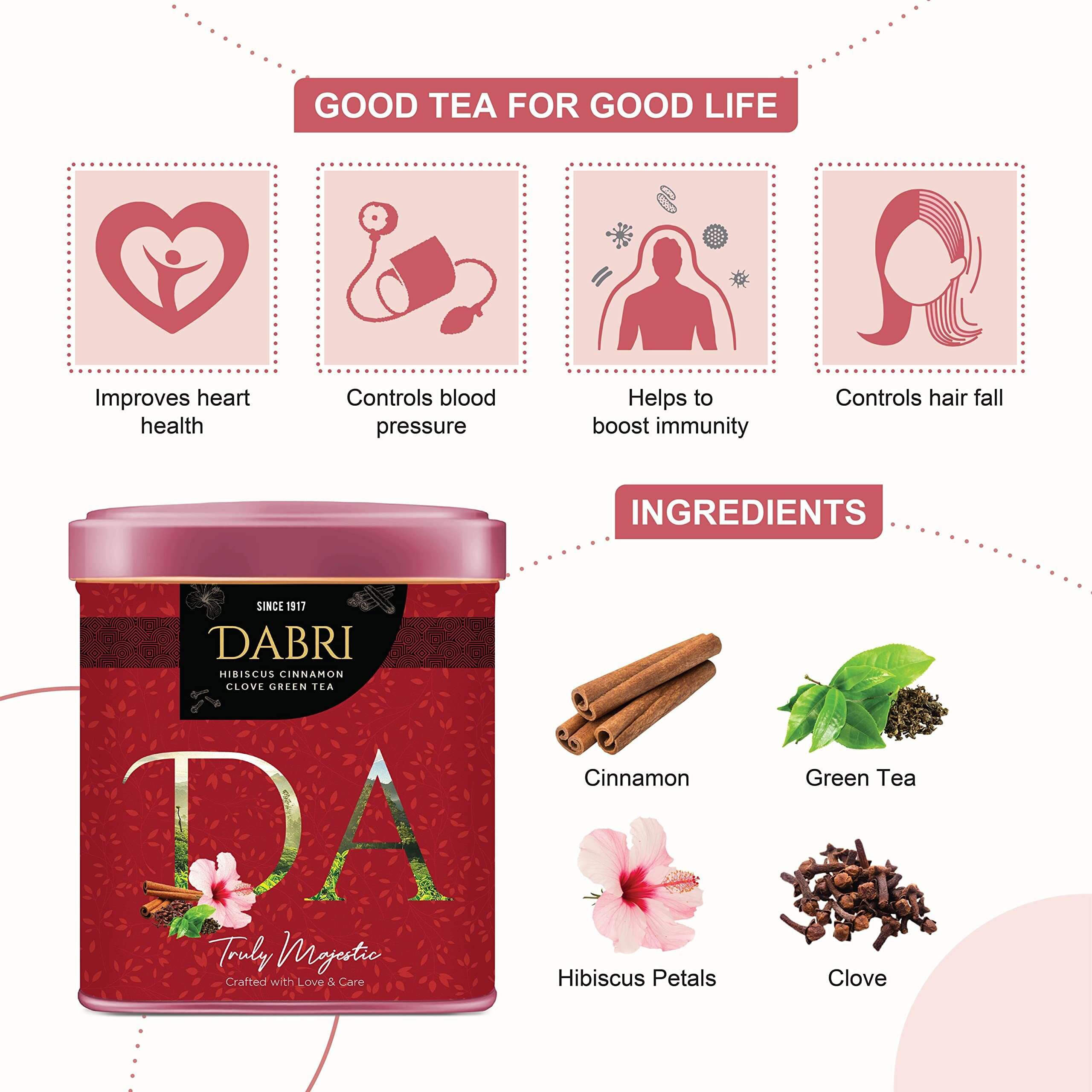 Dabri Hibiscus Green Tea loose leaves with Cinnamon Clove 40gm Box | Helps in maintain weight, Hair Regrowth and Blood Pressure Control | Blend of Green Tea Leaves, Hibiscus Flower & Spices (40gm Box)