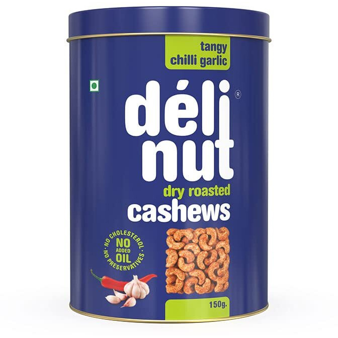 Delinut Dry Roasted Cashews | Plain and Flavoured Cashews (Chilli and Garlic, 150 gm)