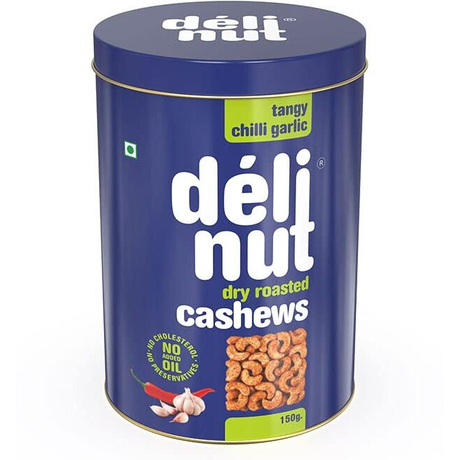 Delinut Dry Roasted Cashews | Plain and Flavoured Cashews (Chilli and Garlic, 150 gm)