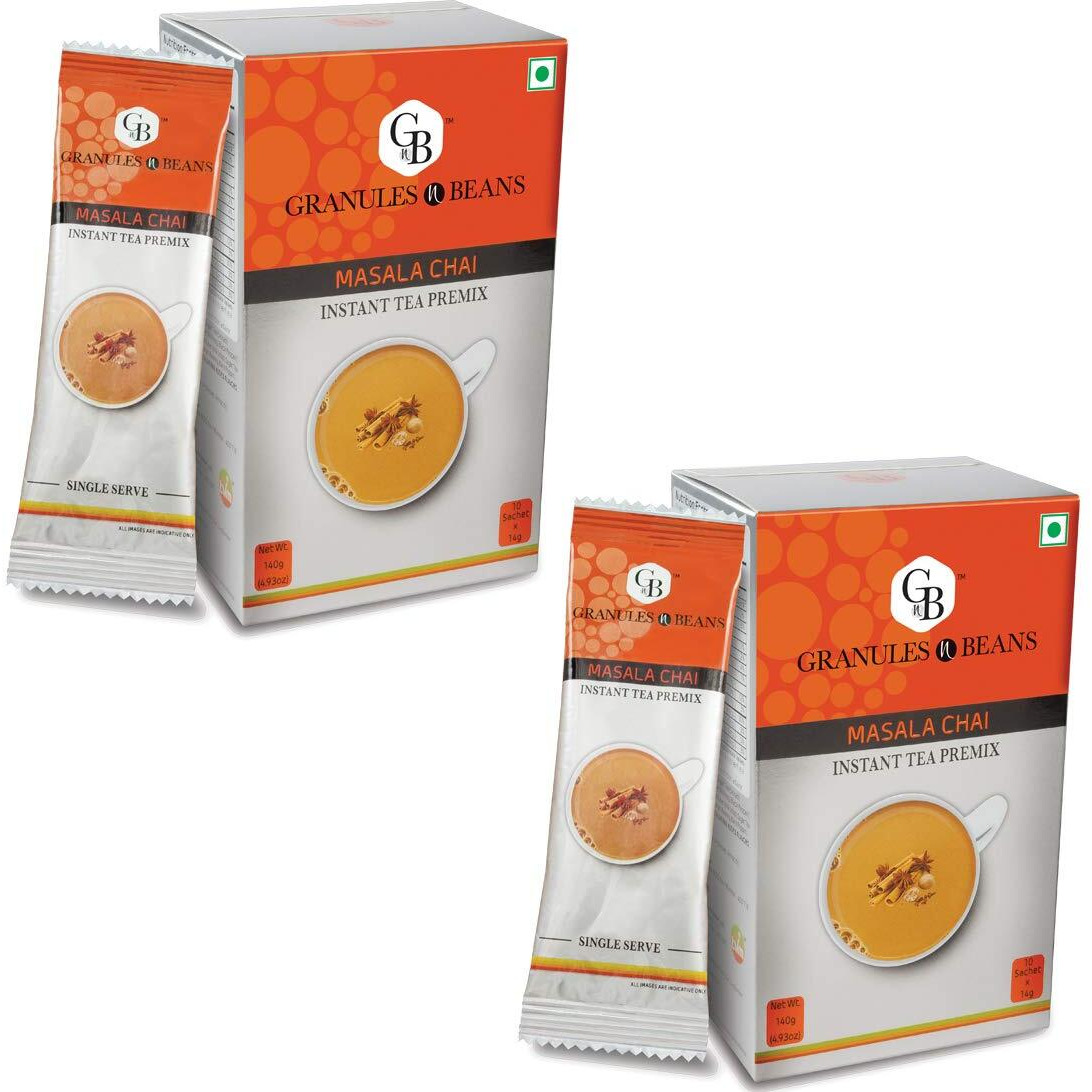 GnB GRANULES n BEANS Granules N Beans Masala Chai Instant Tea Premix - (10 Sachets X 14G 140Gm) (Pack Of 2) | Flavorful Blend Chai Tea