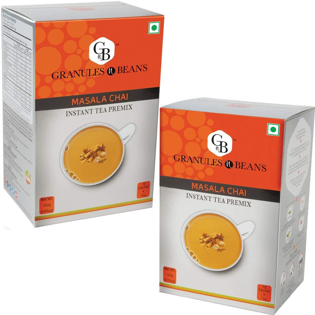 GnB GRANULES n BEANS Granules N Beans Masala Chai Instant Tea Premix - (10 Sachets X 14G 140Gm) (Pack Of 2) | Flavorful Blend Chai Tea