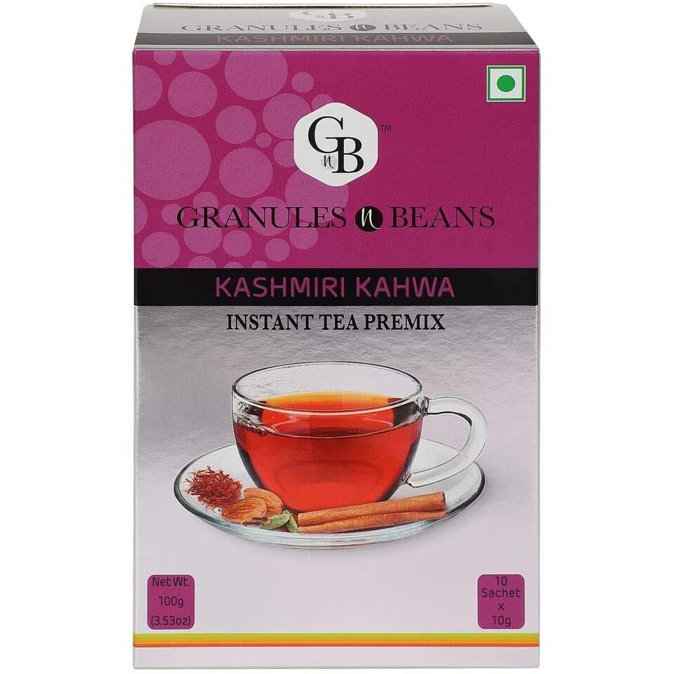GnB GRANULES n BEANS Kashmiri Kahwa Instant Tea Premix - (10 Sachet X 10 Gram  100G) - (Pack Of 2), Assam, 10 Gram