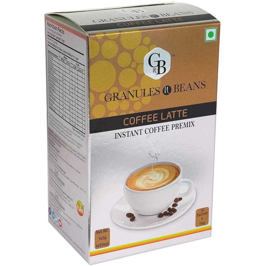 GnB GRANULES n BEANS Coffee Latte Instant Coffee Premix Box - (Pack Of 2) - 10 Sachets X 14Gram  140Gram