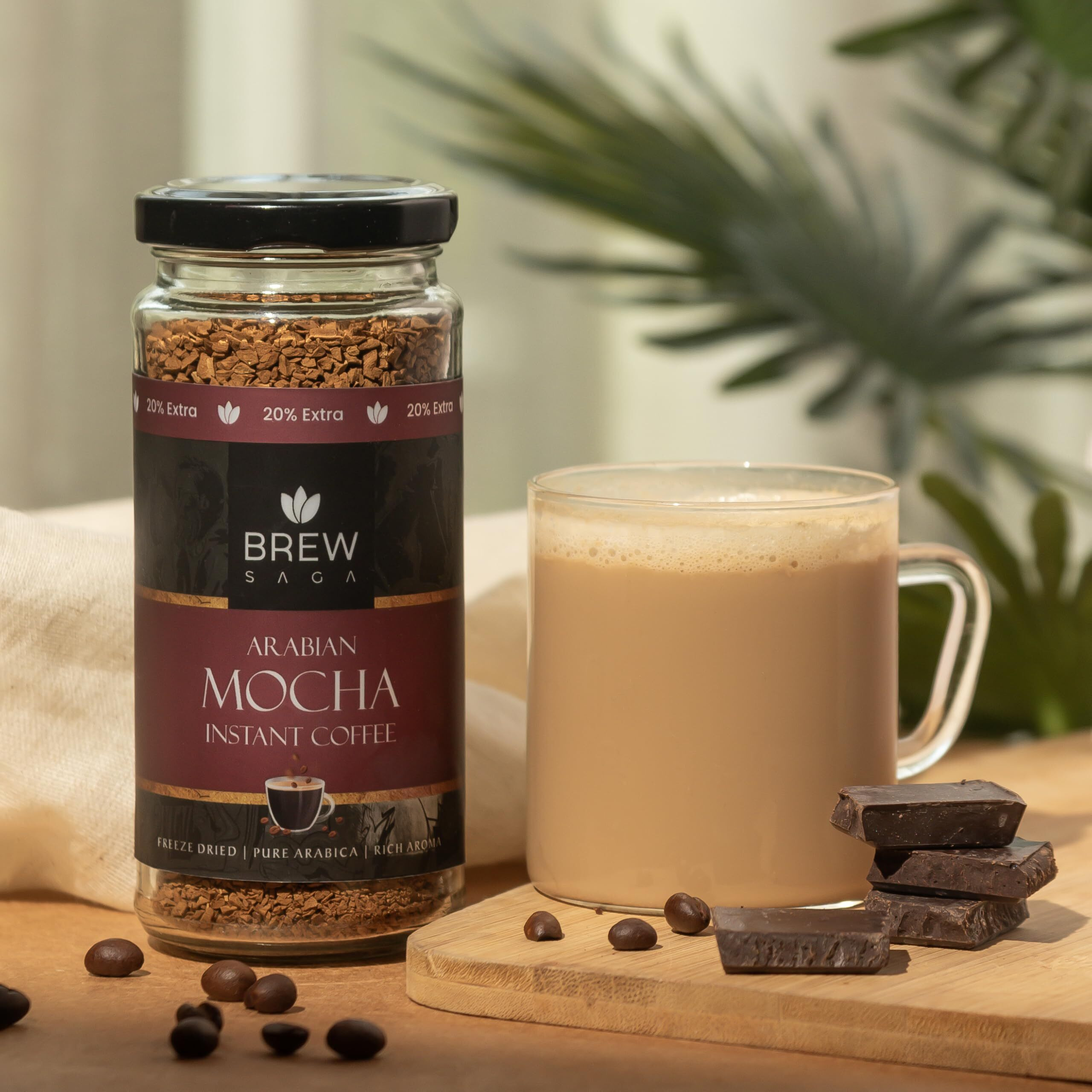 BREWSAGA Arabian Mocha Instant Coffee | 100% Arabica | Freeze-Dried | Flavoured Coffee | No Added Sugar | Makes 30 Cups | 60 Gram