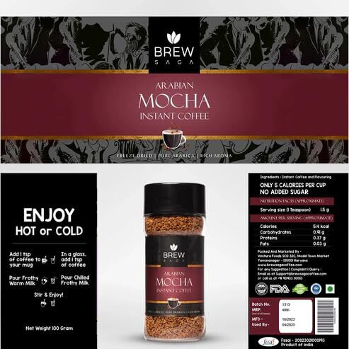 BREWSAGA Arabian Mocha Instant Coffee | 100% Arabica | Freeze-Dried | Flavoured Coffee | No Added Sugar | Makes 30 Cups | 60 Gram