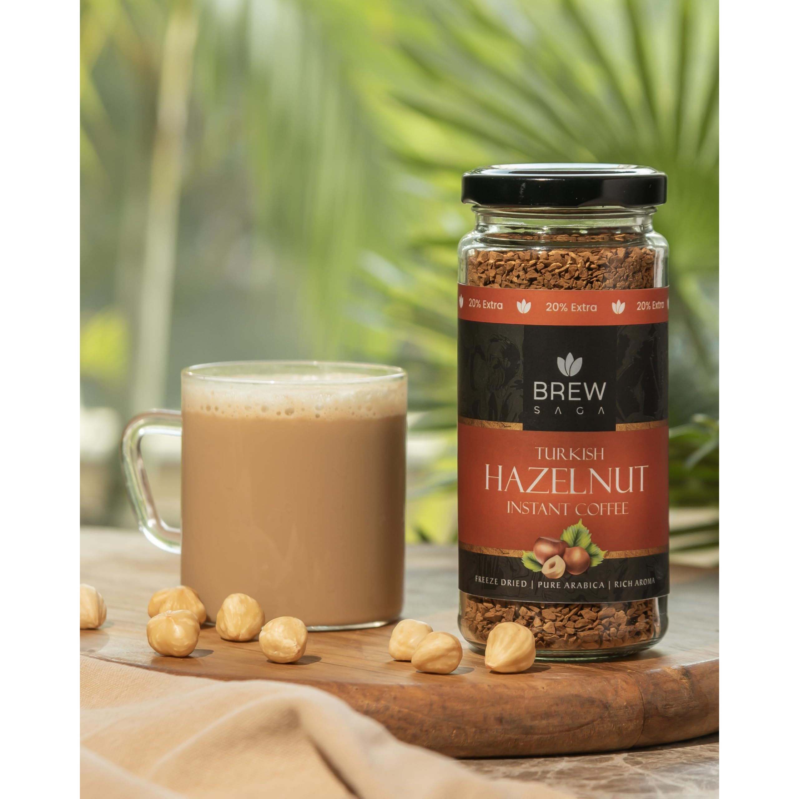 BREWSAGA Turkish Hazelnut Instant Coffee | 100% Arabica | Freeze-Dried | Flavoured Coffee | No Added Sugar | Makes 30 Cups | 60 Gram