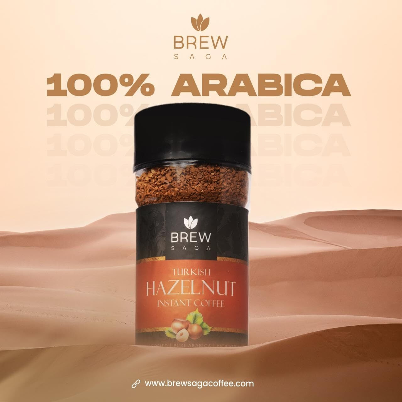 BREWSAGA Turkish Hazelnut Instant Coffee | 100% Arabica | Freeze-Dried | Flavoured Coffee | No Added Sugar | Makes 30 Cups | 60 Gram
