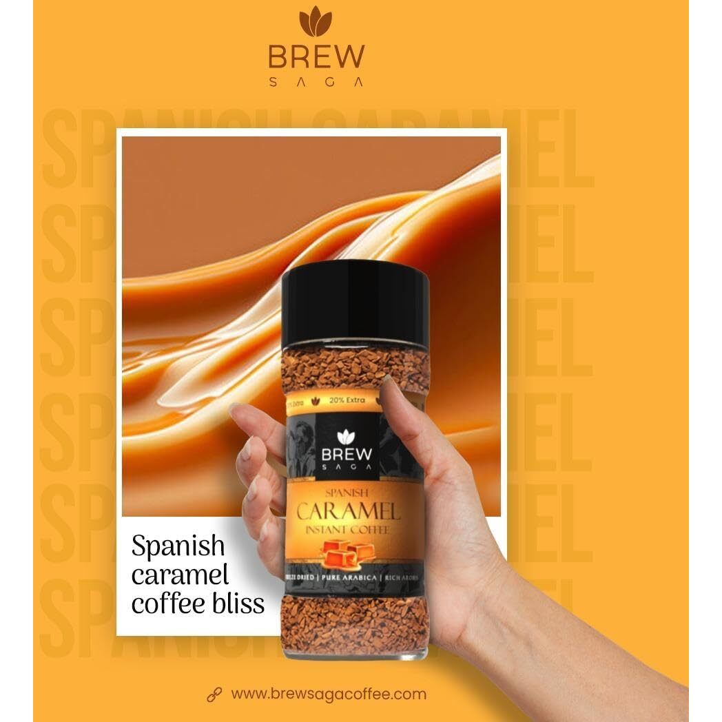 BREWSAGA Spanish Caramel Instant Coffee, 100% Arabica, Freeze-Dried, Flavoured Coffee | No Added Sugar | Makes 30 Cups | 60 Gram