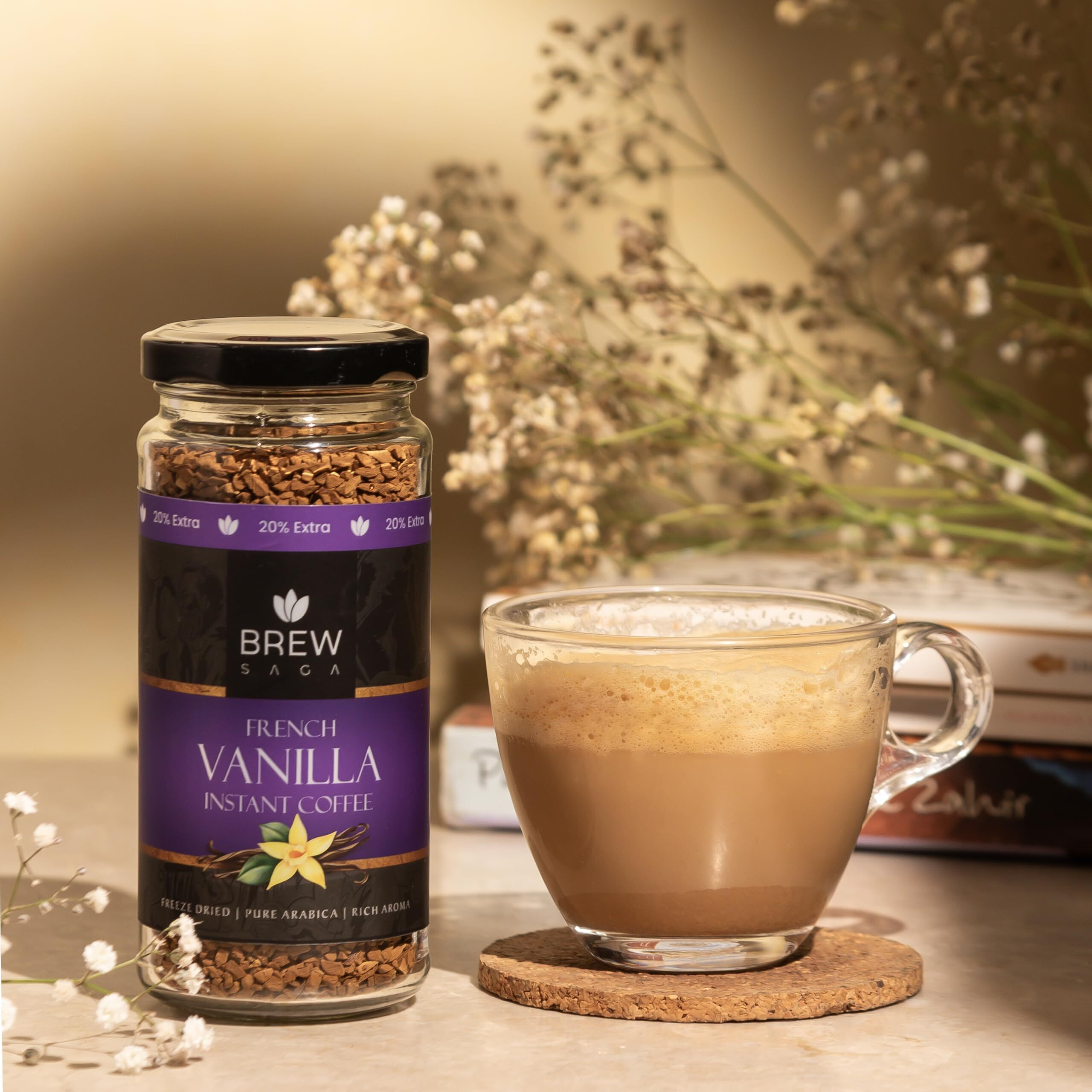 BREWSAGA French Vanilla Instant Coffee | 100% Arabica | Freeze-Dried | Flavoured Coffee | No Added Sugar | Makes 30 Cups | 60 Gram