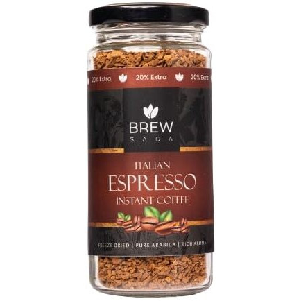 BREWSAGA Italian Espresso Instant Coffee | 100% Arabica | Freeze-Dried | Flavoured Coffee | No Added Sugar | Makes 30 Cups | 60 Gram
