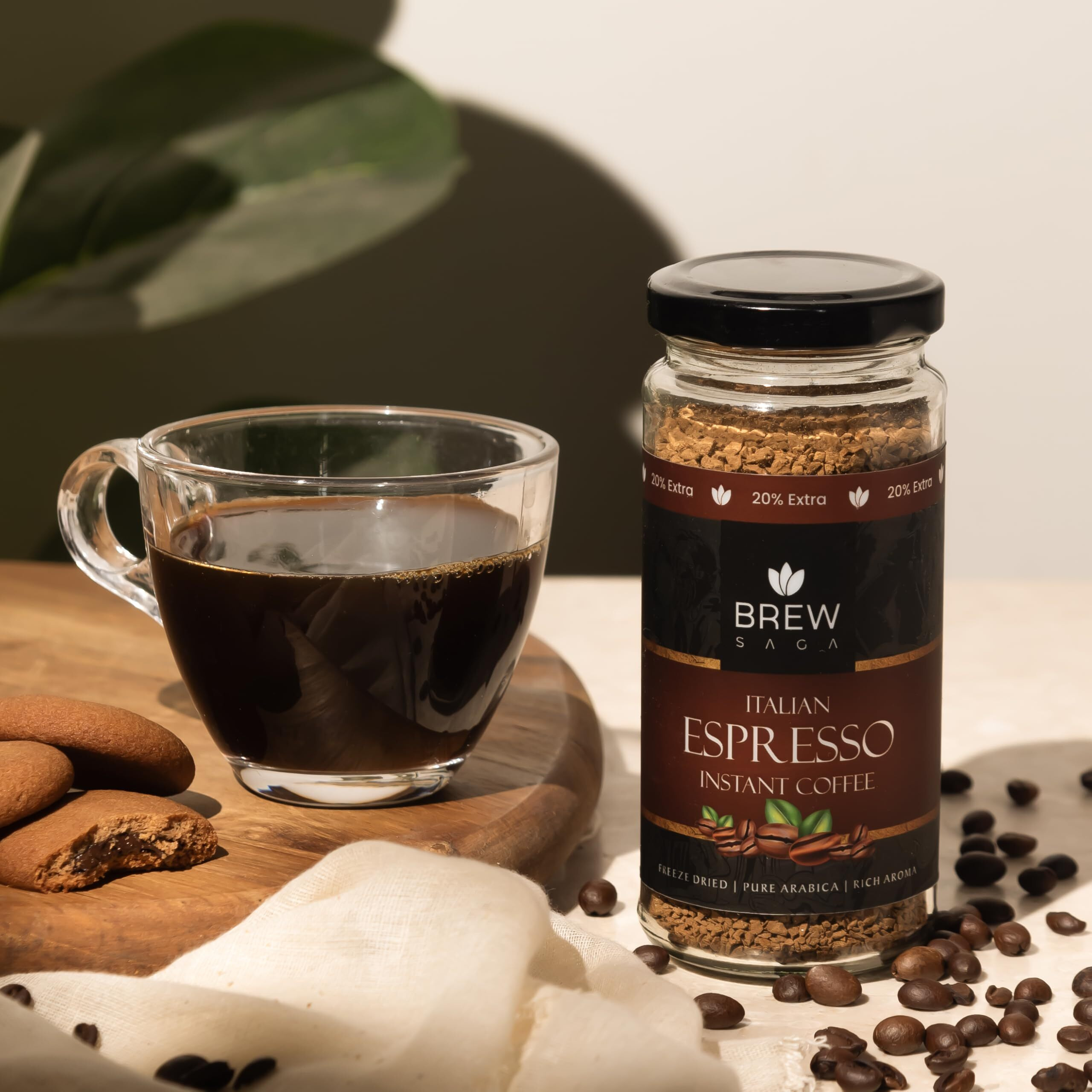 BREWSAGA Italian Espresso Instant Coffee | 100% Arabica | Freeze-Dried | Flavoured Coffee | No Added Sugar | Makes 30 Cups | 60 Gram
