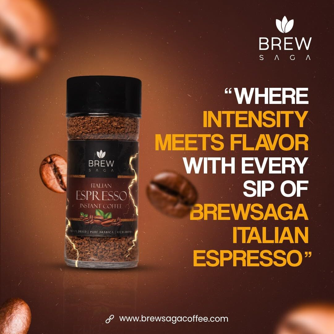BREWSAGA Italian Espresso Instant Coffee | 100% Arabica | Freeze-Dried | Flavoured Coffee | No Added Sugar | Makes 30 Cups | 60 Gram