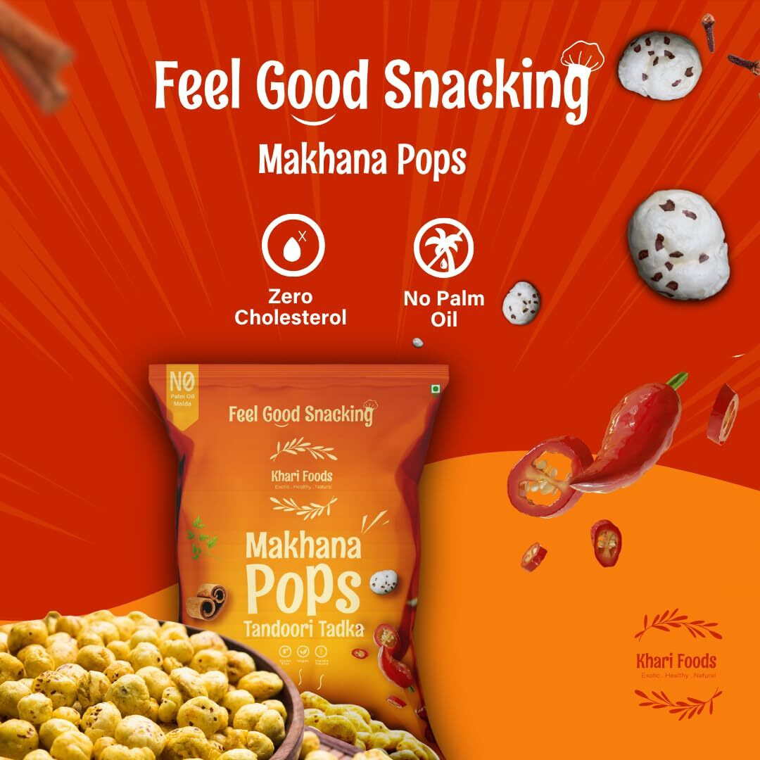 Khari Foods Premium Flavoured Makhana 25g, Crunchy & Roasted Makhana Pops, Protein Source, Fibre Rich, No Palm Oil, Gluten Free (Tandoori Tadka Pack 4)
