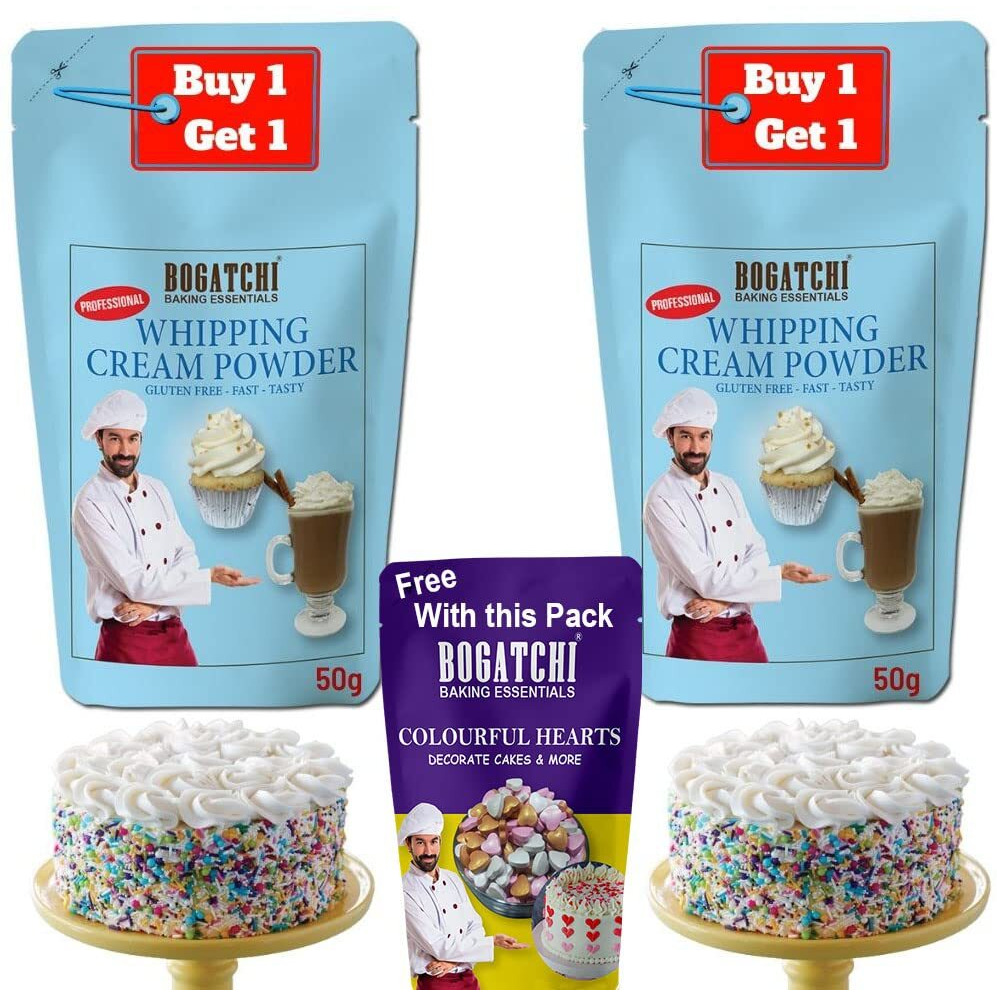 BOGATCHI Whipping cream for cake, Whipping Cream Powder, Premium Whipping cream Powder, Rich Whipping cream, Whipped Cream|FREE One Extra Whipping Cream Powder(50g)+ Colorful Hearts (20g)