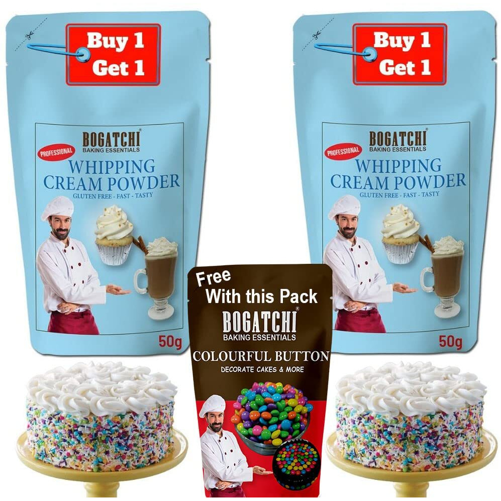 BOGATCHI Whipping cream for cake, Whipping Cream Powder, Premium Whipping cream Powder, Rich Whipping cream, Whipped Cream|FREE One Extra Whipping Cream Powder(50g)+ Colorful Buttons (25g)