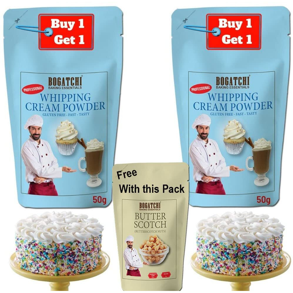 BOGATCHI Whipping cream for cake, Whipping Cream Powder, Premium Whipping cream Powder, Rich Whipping cream, Whipped Cream|FREE One Extra Whipping Cream Powder(50g)+Butterscotch Nuts(25g)