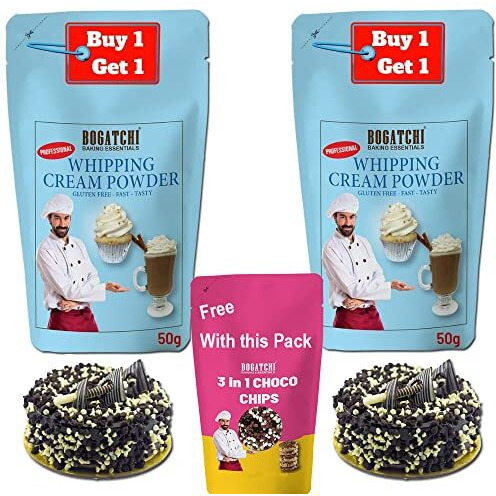 BOGATCHI Whipping cream for cake, Whipping Cream Powder, Premium Whipping cream Powder, Rich Whipping cream, Whipped Cream|FREE One Extra Whipping Cream Powder(50g)+ Mixed Choco Chips (25g)