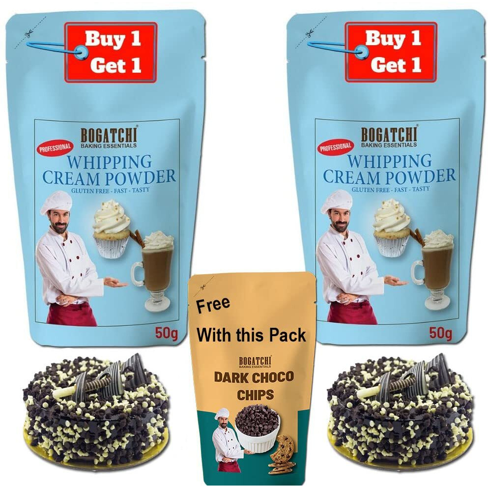 BOGATCHI Whipping cream for cake, Whipping Cream Powder, Premium Whipping cream Powder, Rich Whipping cream, Whipped Cream|FREE One Extra Whipping Cream Powder(50g)+ Choco Chips (25g)