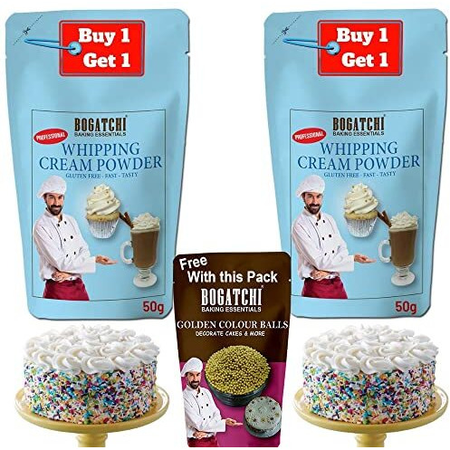 BOGATCHI Whipping cream for cake, Whipping Cream Powder, Premium Whipping cream Powder, Rich Whipping cream, Whipped Cream|FREE One Extra Whipping Cream Powder(50g)+ Golden Balls (10g)