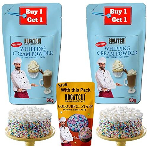 BOGATCHI Whipping cream for cake, Whipping Cream Powder, Premium Whipping cream Powder, Rich Whipping cream, Whipped Cream|FREE One Extra Whipping Cream Powder(50g)+ Colorful Stars (20g)