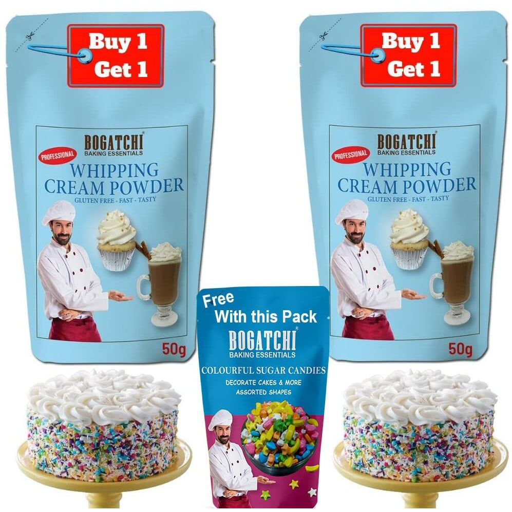 BOGATCHI Whipping cream for cake, Whipping Cream Powder, Premium Whipping cream Powder, Rich Whipping cream, Whipped Cream|FREE One Extra Whipping Cream Powder(50g)+ Colorful Candies (20g)