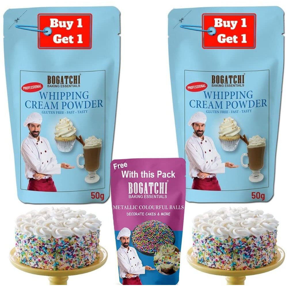 BOGATCHI Whipping cream for cake, Whipping Cream Powder, Premium Whipping cream Powder, Rich Whipping cream, Whipped Cream|FREE One Extra Whipping Cream Powder(50g)+ Colorful Balls (25g)