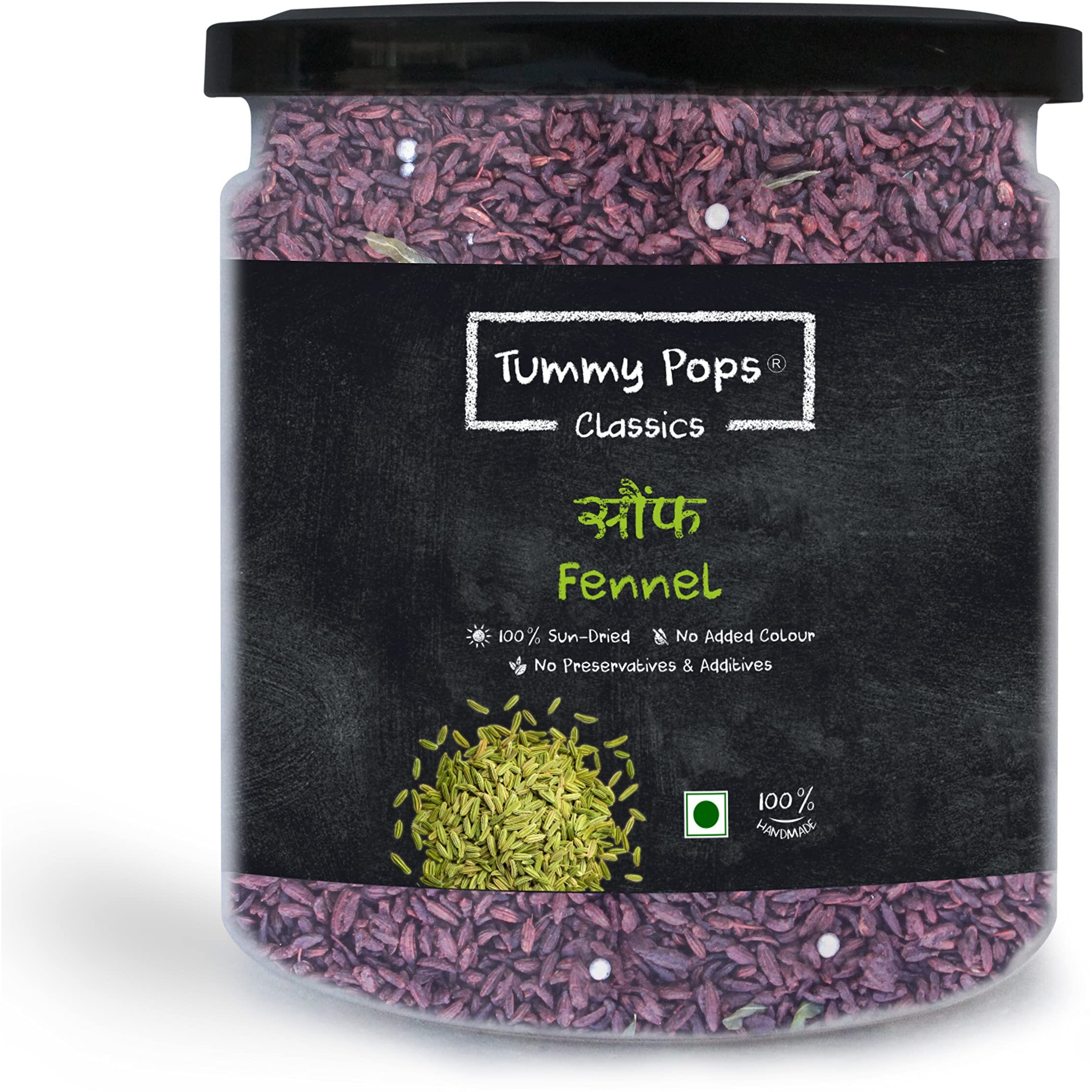 Tummy Pops Sweet Classic Saunf - 250gm Jar Handmade & Sun-Dried Sweet Saunf Mouth Fresheners, Fennel Seeds Saunf Mukhwas Mouth Fresheners [Hygienically Prepared & Packed]
