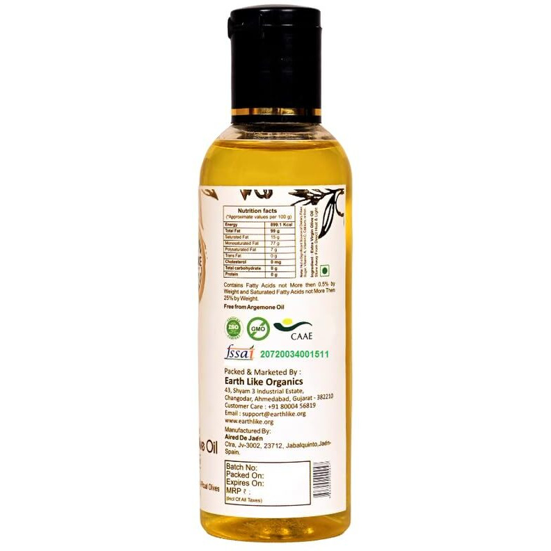 EARTH LIKE Extra Virgin Olive Oil (100 ml) Imported Premium Cold Pressed & Raw Edible Cooking Oil | Ideal for Skin & Hair Care, Baby Massage and Everday Healthy Cooking