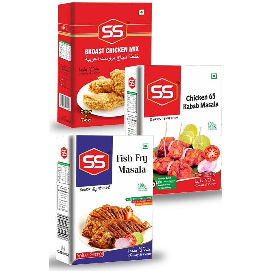 SS MASALAS Broast Chicken Mix, Kabab Masala Powder and Fish Fry Masala 100g each. Ready Mix Spices Combo Pack