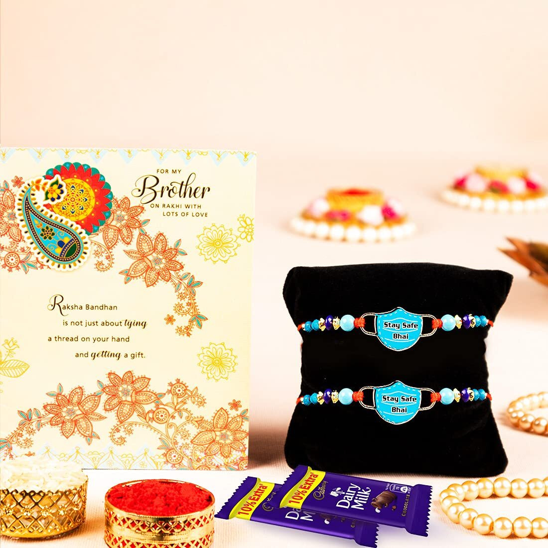 ARCHIES Kids Rakhi For Brother Rakshabandhan Combo Set of 2 Cute Mask Wala Bhaiya/Bro/Bhai Rakhis with Greeting Card, 2 Dairy Milk Chocolates 24 gms, Roli Chawal 10 gms Pack (Gift pack of 6)