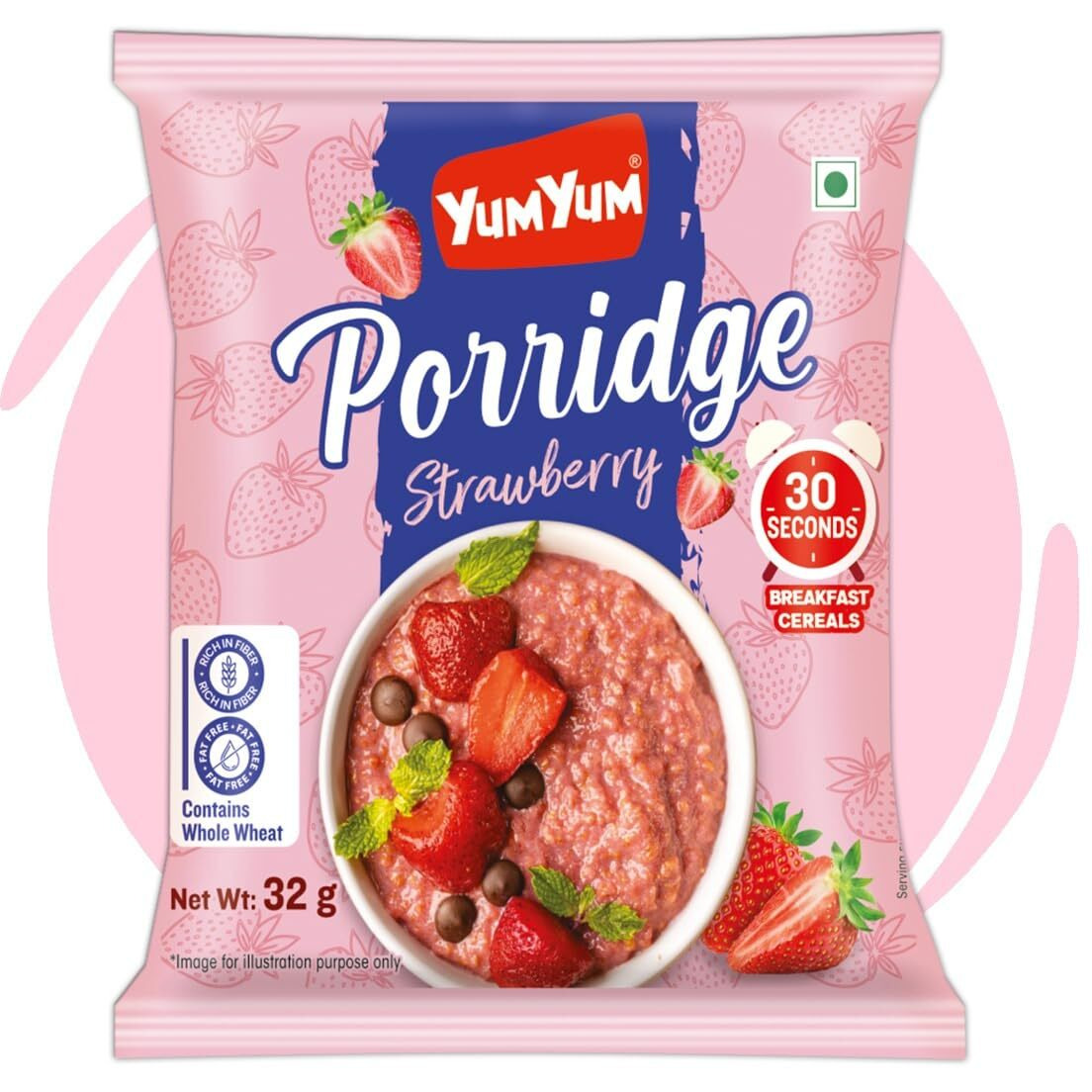 YUM YUM Instant Strawberry Porridge 192g / Rich in Fiber/Fat Free/Breakfast Cereals for Adults & Kids (Pack of 6-32g Each Sachets)
